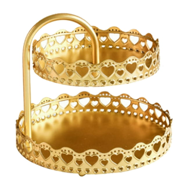 Double Layer Pastry Tray, Gold Decorative Tray, Smooth Apperance Cupcake Stand Copper Material Cake Display Plate with Handle for Wedding