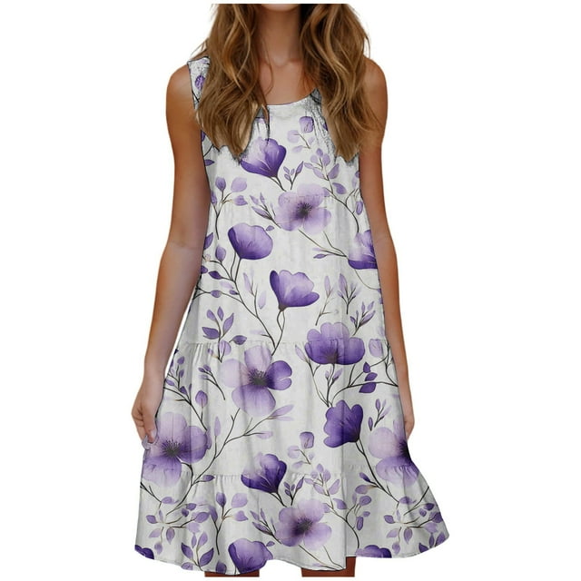 Hyknon Robes pour Femmes Coupe Ample Col Rond Sans Manches Robes Midi Légères et Fluides Mode Été Boho Imprimé Floral Robes de Plage de Fête