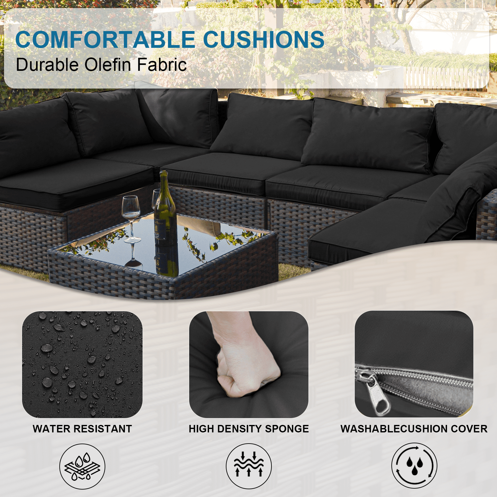 Grezone 7 Patio Outdoor Furniture Wicker Sectional Sofa Couch Lawn Sectional, Black