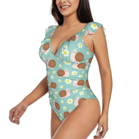 KLL Snail And Flower for Women s Ruffled One Piece Swimsuit Tummy Control Bathing Suit V Neck Swimwear