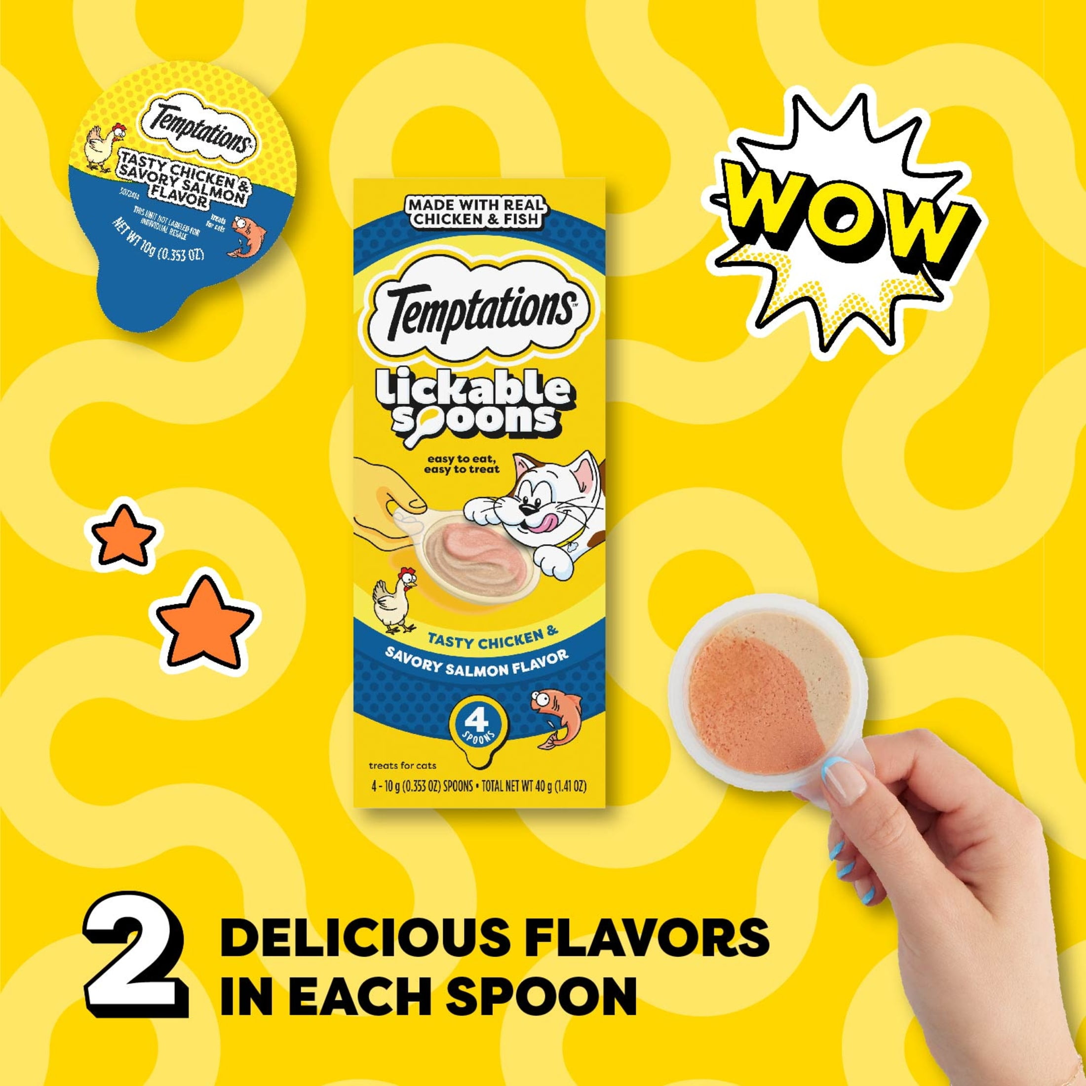 (12 pack) Temptations Lickable Spoons Wet Cat Treat, Tasty Chicken and Savory Salmon, 10 Grams, Pack of 4