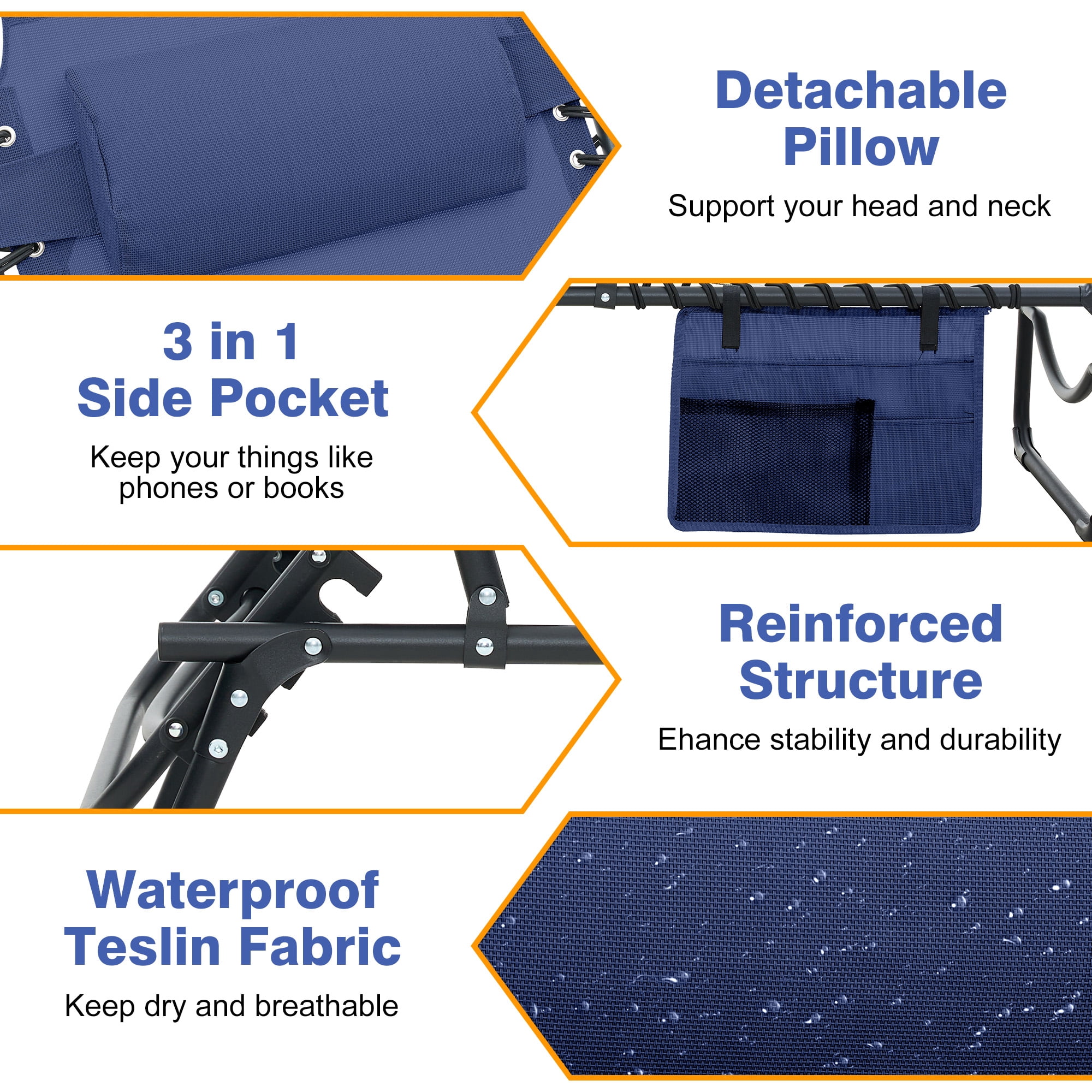 2‑Pack Dark Blue 5‑Position Adjustable Face‑Down Chaise Lounge Chair, Foldable Tanning Recliner with Face & Arm Holes, Outdoor Sunbathing Chair for Pool Beach Patio Lawn