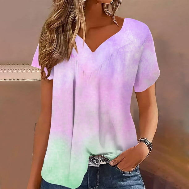 Puntoco top/Camisa Con Cuello En V De Manga Corta Y Talla Grande, Holgada Y Cómoda, Con Estampado Degradado Para Mujer, Color Rosa Xxxxxl, Regalo Para Mujer