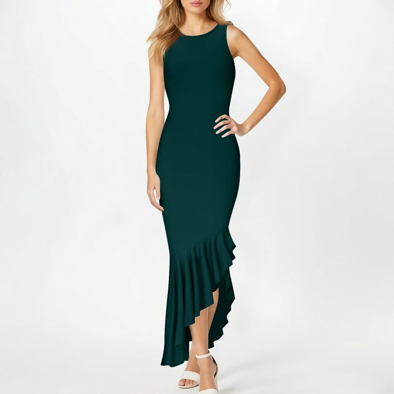 Srogem Women Elegant Wedding Guest Dress Summer Sleeveless Formal Maxi Dress Ruffle Hem Slim Fit Cocktail Long Dresses, Women's, Size: 2XL