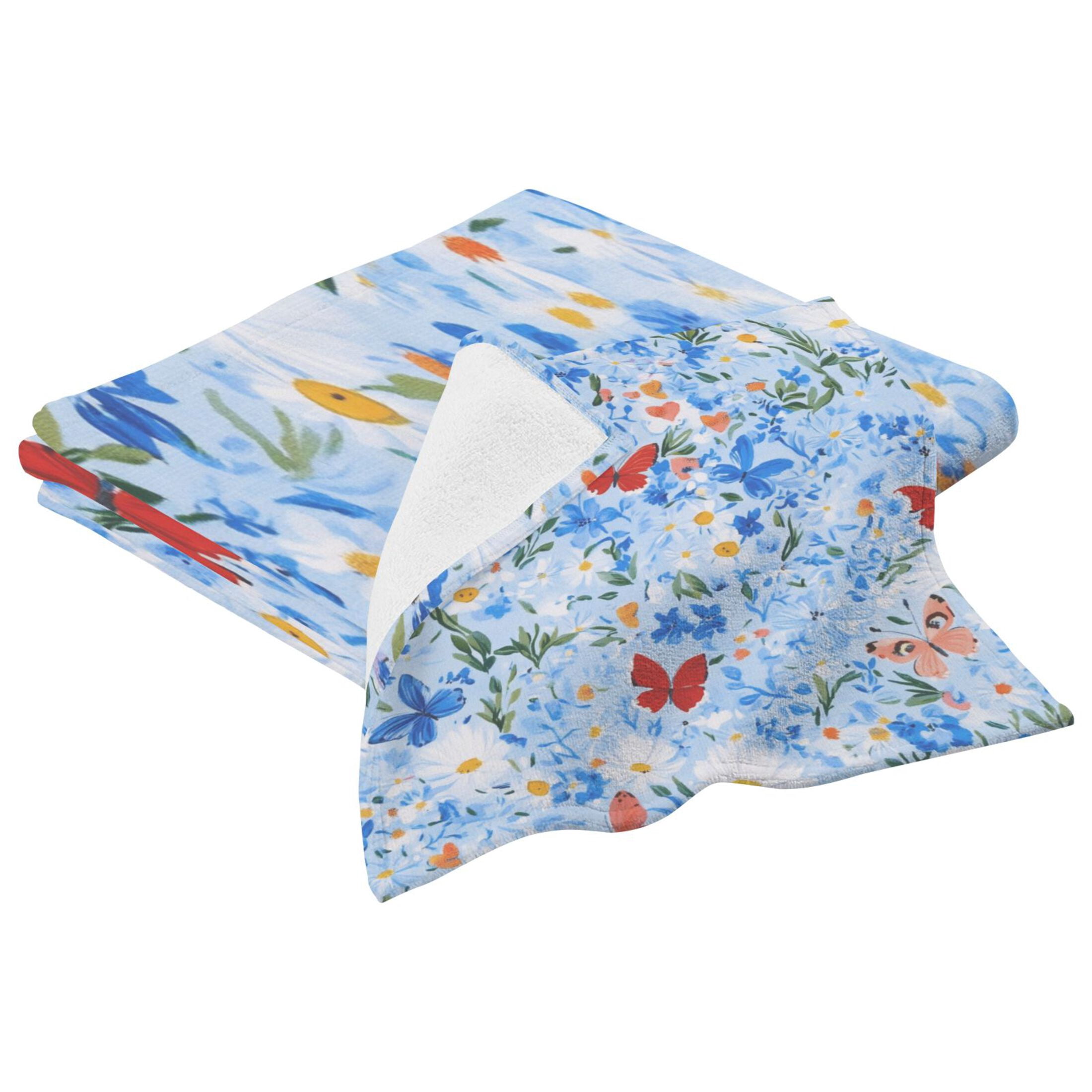 Navy Floral and Butterfly 2 Piece Cotton Bath and Face Towel Set Soft and Absorbent, for Beach Pool Bathroom