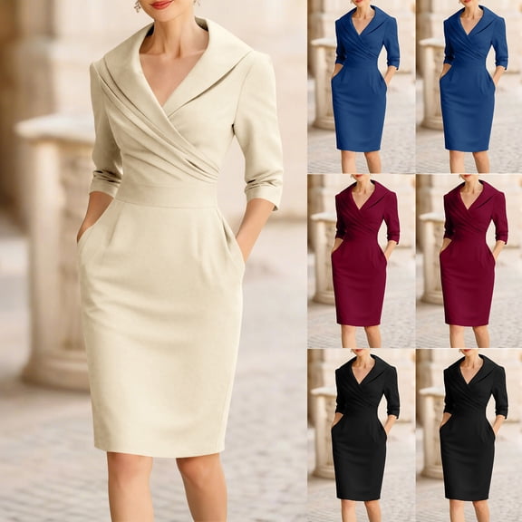 QATAINLAV Women's Wear to Work Bodycon Dress 3/4 Sleeve Pleated V Neck Pencil Dresses Business Casual Office Outfits Wine M