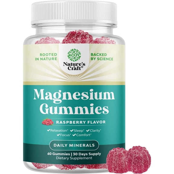 Natures Craft Extra Strength Calm Magnesium Gummies for Adults, 170mg, Focus & Relaxation, Raspberry, 60 Count