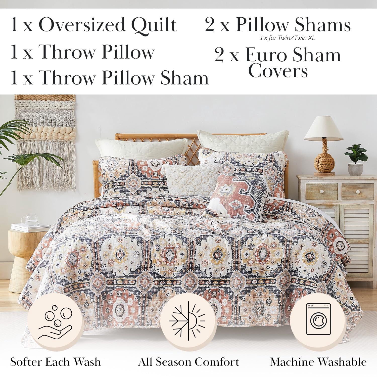 Southshore Fine Living, Inc. Oversized King Quilt Bedding Set 7-Pieces with 2 Pillow Shams, 2 Euro Shams, 2 Throw Pillows, Boho Bedding Set for King and California King Beds, Kilim Natural Tones