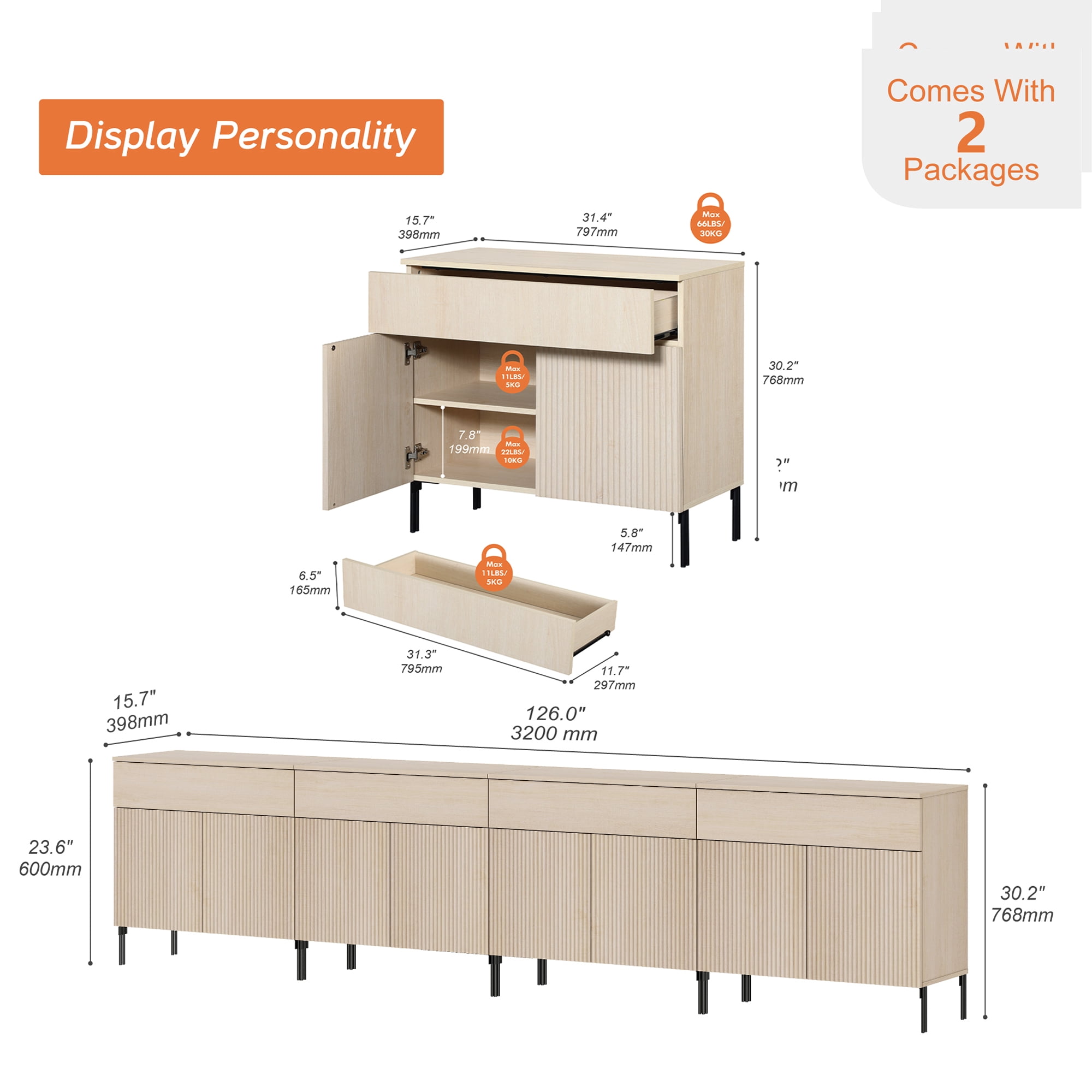 126" Long Modern Reeded TV Stand with Doors, Entertainment Center with Shelf, Wooden TV Console with Drawers for Living Room