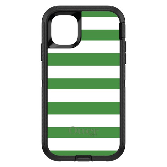 DistinctInk OtterBox Defender Custom Case for Apple iPhone 15 (6.1" Screen) - Green & White Bold Horizontal Stripes - Slim Profile Design