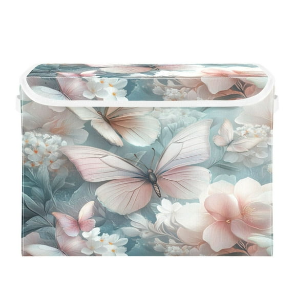 WOBOGO Pink and White Butterfly Large Collapsible Storage Box Flip Lid Fabric Decorative Organizer Container Basket with Handles 16.5×12.6×11.8in