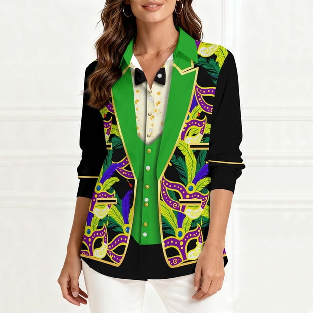 TaTaai Ladies Fashion Mardi Gras Print Long Sleeve Loose Casual Shirt Unisex Lapel Button Down Blouse Holiday Top for Daily Office Party Streetwear Spring Summer Wear Gift