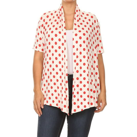 Women's Plus Size Short Sleeves Draped Neck Polka Dot Print Cardigan Made in USA