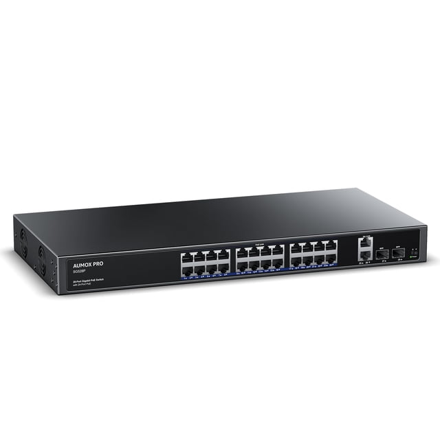 Conmutador de red AUMOX PRO de 28 puertos Gigabit PoE con 2 puertos de enlace ascendente