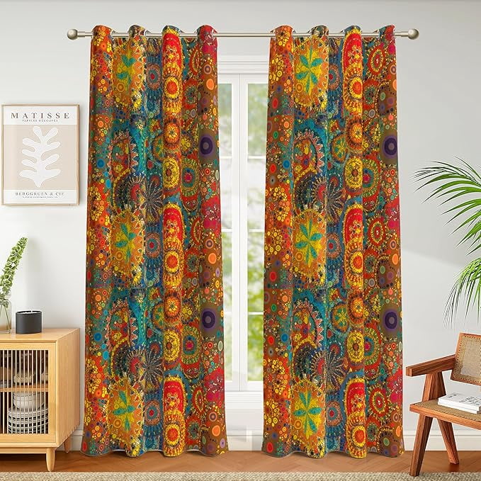 Boho Blackout Curtains For Bedroom & Living Room, 80% Blackout, Colorful Bohemian Hippie Pattern, Multicolor Funky Abstract, Classic Modern Rustic Window Curtains 53"W x 84"L (Pack of 2)