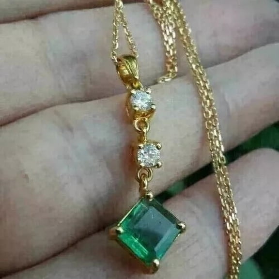 ​Shree Diamonds 3Ct Princess Cut Lab Created Green Emerald Pendant Necklace with Chain in 14K Yellow Gold Plated