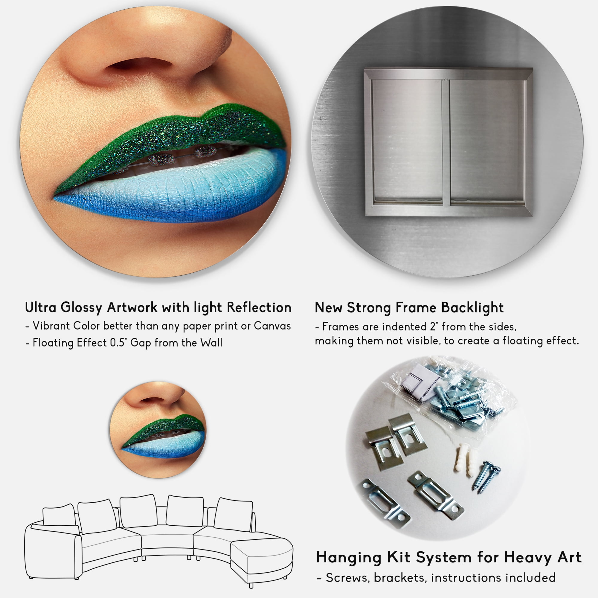 Designart 'Close Up Woman Lips With Fashion Make Up and Brackets' Modern Circle Metal Wall Art 11x11 - Disc of 11