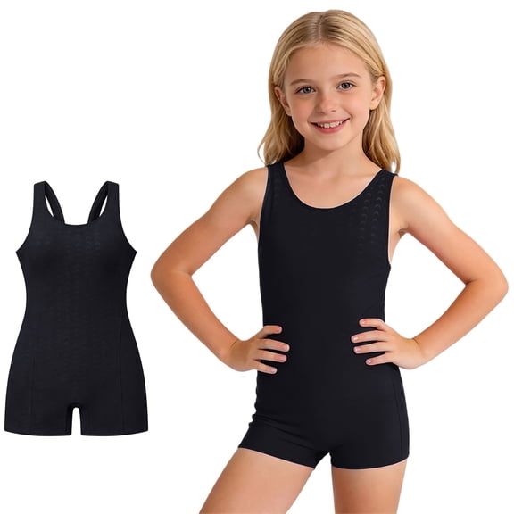 XINXIAOO Athletic Girls Swimsuit 1 Piece Comfortable Sleeveless Classic Solid Color Bathing Suit Beach Pool Swimwear for Girls 9-10 Years