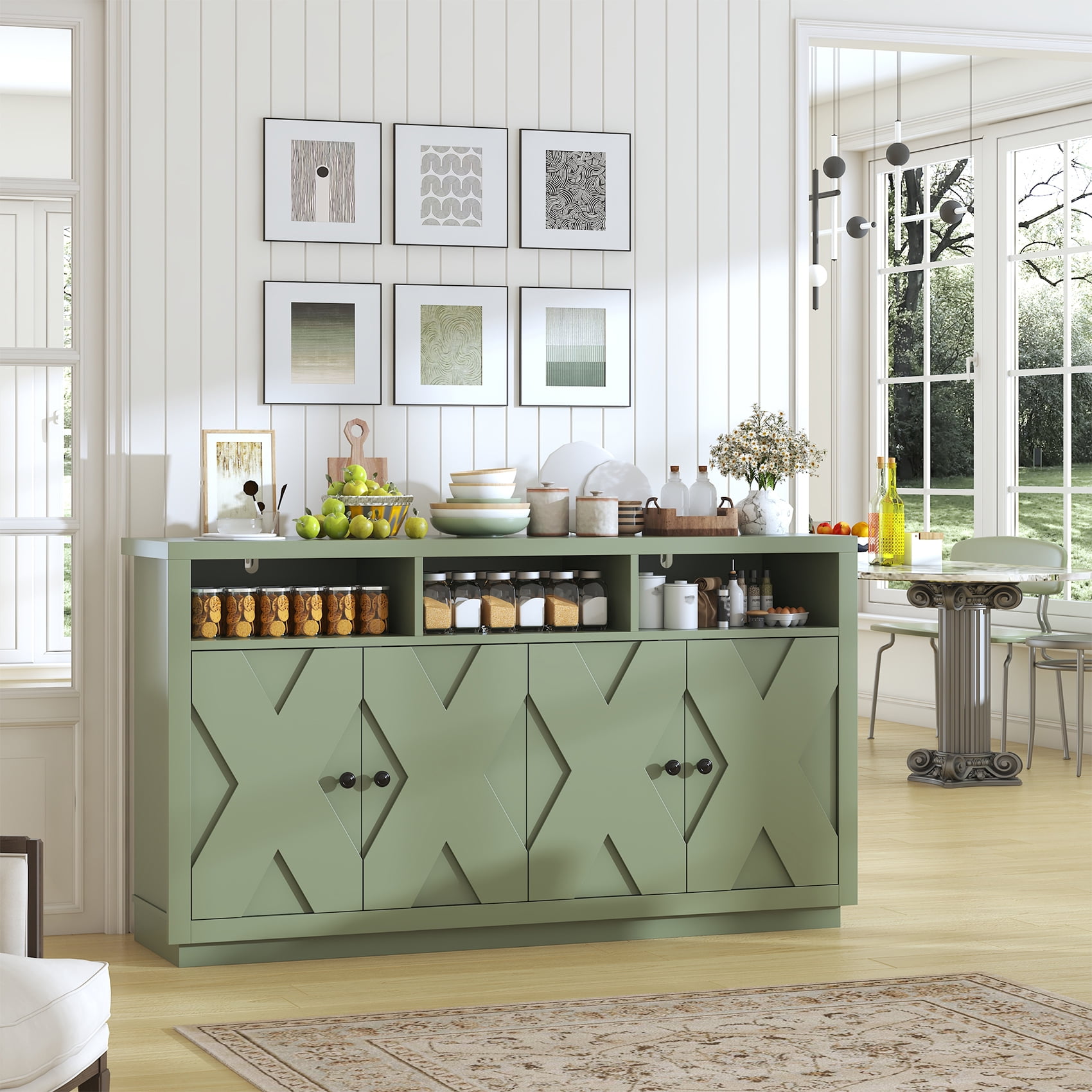 HAUXITIO 60" Farmhouse Buffet Cabinet with 4 Doors & Open Shelves,Kitchen Storage Sideboard for Dining Room & Living Room,Green