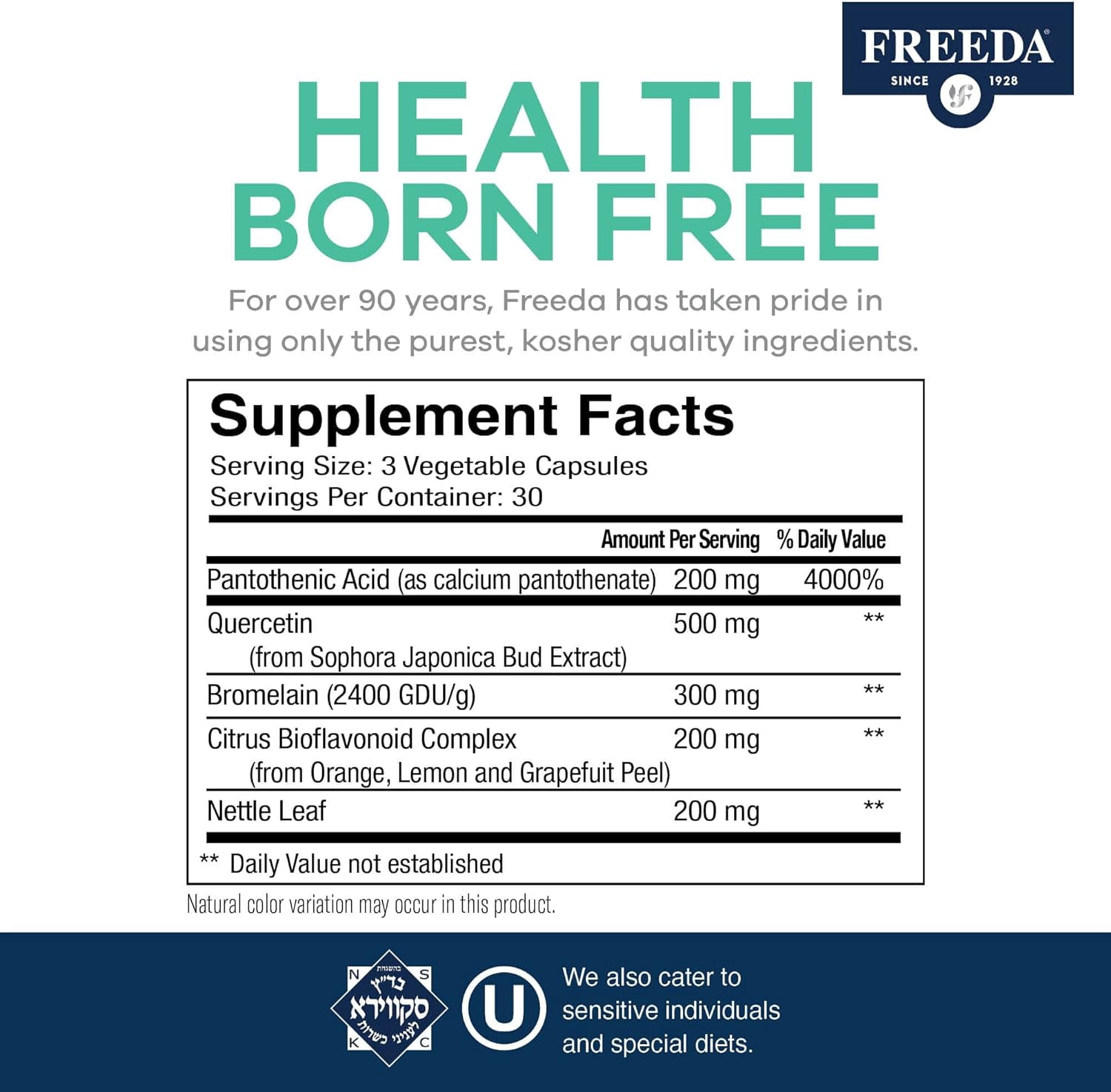 Freeda Ultra Clarity Allergy Support with Quercetin, Bromelain & Nettle | Non-Drowsy, Vegan, Kosher, Gluten Free | 90 Capsules