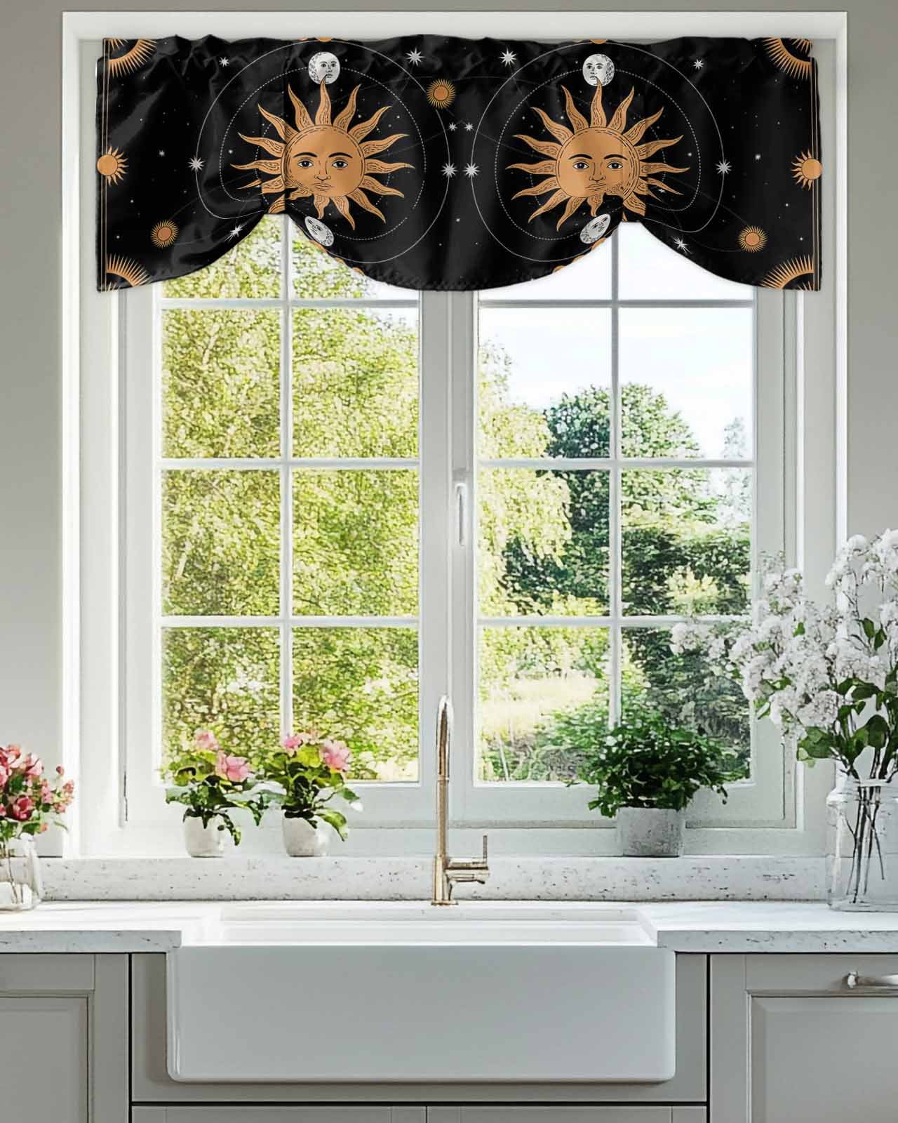 Tarot Tie Up Valances Curtain, Adjustable Kitchen Sun Moon Valances for Windows Decor, Rod Pocket Short Curtains Set for Bedroom/Bathroom, 60"x18"
