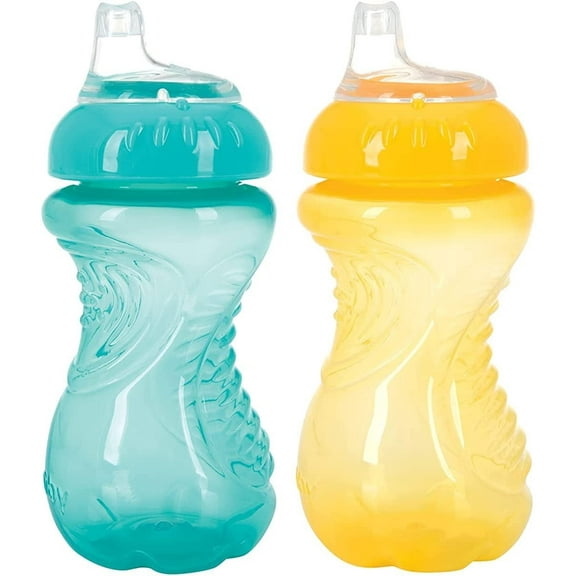 Nuby 2-Pack No-Spill Easy Grip Cup, 10 Ounce, Aqua & Yellow