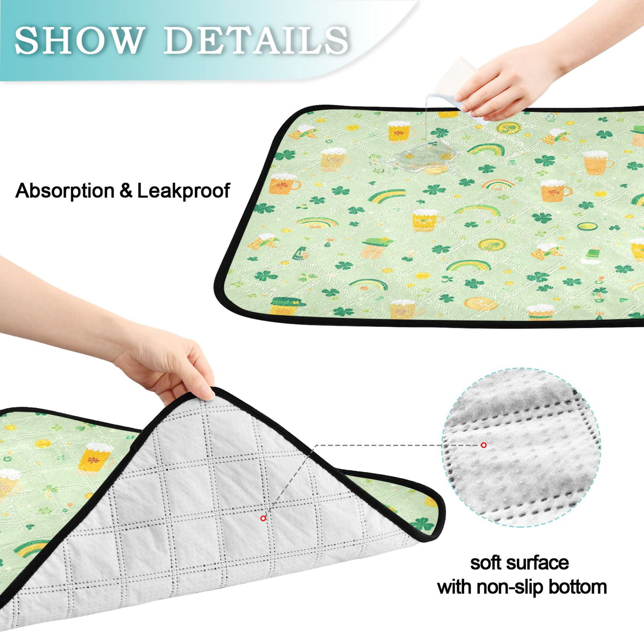 Qxltty Pattern with Rainbows Shamrocks and Leprechaun Hat Cat litter Pads Pet Set of 2 Diaper Mats Center Anti-leakage Layer Absorbent Soft and Comfortable