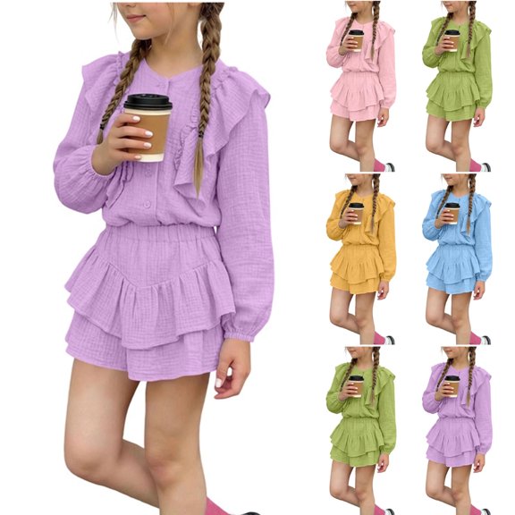 Vornjynx Kids Girls Outfit Sets Long Sleeve T-Shirt and Tiered Skirt Ruffle Hem Summer Trendy Cute Clothes 2 Piece Purple Size 13