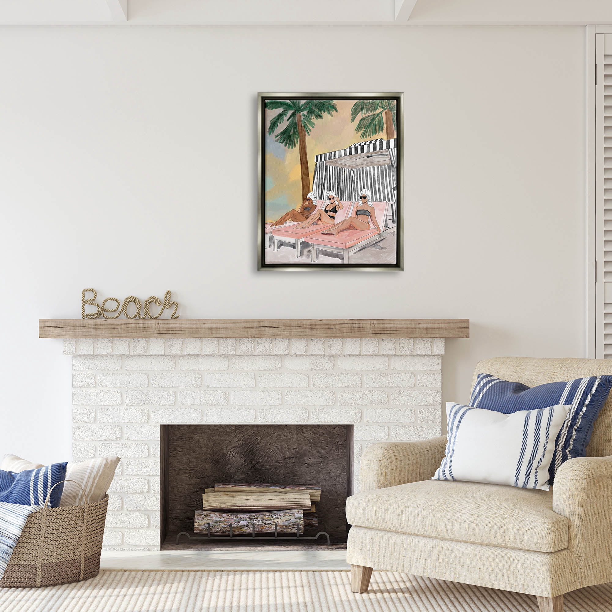 Stupell Industries Girls in Summer Beach Canopy Coastal Painting Gray Floater Framed Art Print Wall Art