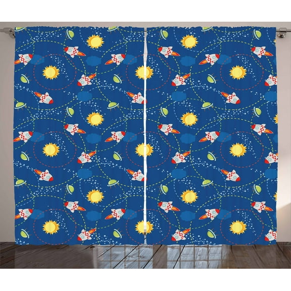 Ambesonne Space Curtains 2 Panel Set, Little Cartoon Rocket, 108" x 63", Multicolor
