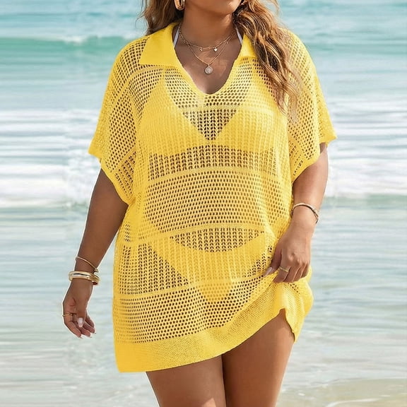 LangJing Womens Bathing Suit Cover Ups Knit Crochet Bikini Short Sleeve Swimsuit Coverup Summer Swimwear Hollow Out Beach Dress Yellow,Free Size
