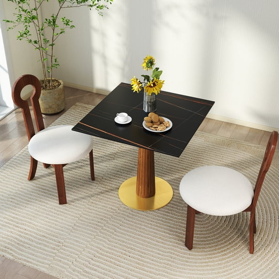 Dokea Modern Square Dining Table - 33.5" Sintered Stone Kitchen Table, 2 Person Black & Brown