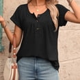 thumbnail image 6 of Women's Curved Hem Short Sleeve Shirts Summer Soft Pleated Scoop Neck Button Down Shirt Loose Fit Casual Daily Wear Tops Black, 6 of 8