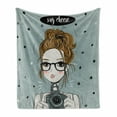 thumbnail image 1 of Hipster Soft Flannel Fleece Blanket, Cartoon Girl a Camera Say Cheese Lettering Selfie Woman Polka Dots, Cozy Plush for Indoor and Outdoor Use, 50" x 70", Cadet Blue and Pale Caramel, by Ambesonne, 1 of 5