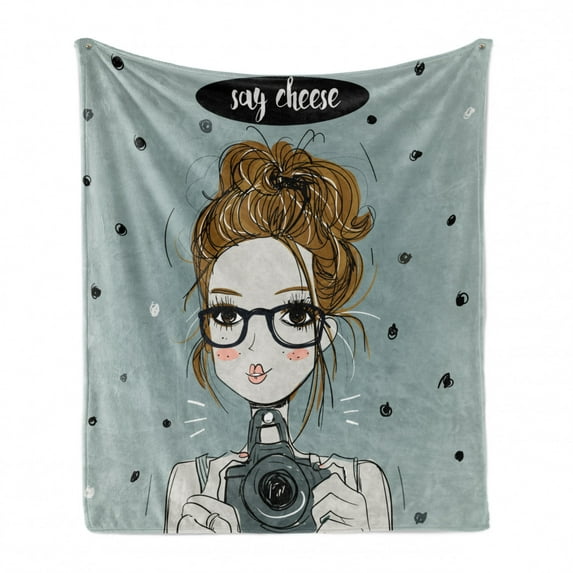 Hipster Soft Flannel Fleece Blanket, Cartoon Girl a Camera Say Cheese Lettering Selfie Woman Polka Dots, Cozy Plush for Indoor and Outdoor Use, 50" x 70", Cadet Blue and Pale Caramel, by Ambesonne
