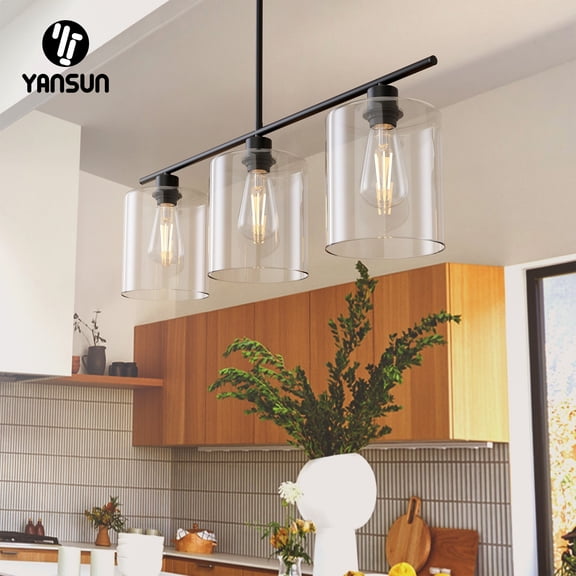 YANSUN 3-Light Clear Glass Linear Pendant Lighting, Modern Kitchen Island Pendant with Dimmable Bulbs Included, Adjustable Hanging Chandeliers for Dining Room, Living Room, Bedroom