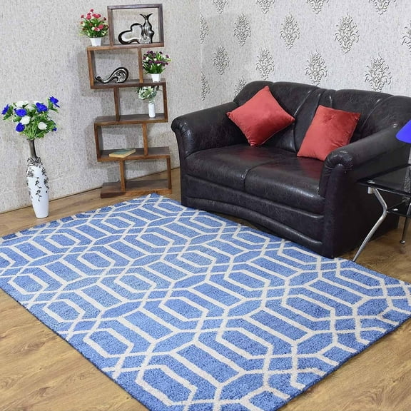 Hand Knotted Wool Geometric Modern Area Rugs - 5'X8', Rectangle Shape, Blue Beige Color, Classic Traditional Design, Low Pile Handmade Area Rugs For Living Room, Bed Room (N00941)