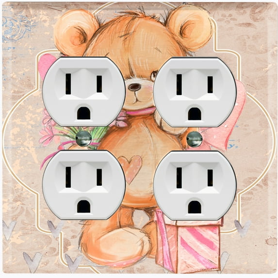 Metal Light Switch Wall Plate Outlet Cover (Teddy Bear Love Heart Flower Bouquet Balloon Present Tan - Double Duplex)