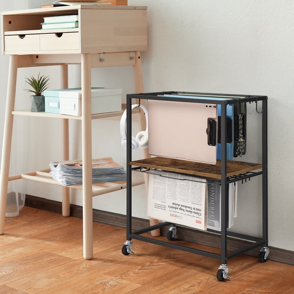 Rolling File Cart with Hanging Hooks, Double‑Layer Mobile File Organizer with Lockable Wheels for Office – Rustic Brown & Black Frame