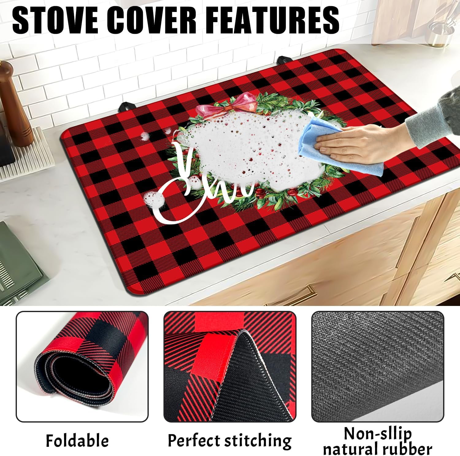 Christmas Stove Top Cover for Electric Stove, 20x28 In Red Plaid Stove Covers Xmas Stove Mat Winter Heat Resist Gas Range Mat Induction Kitchen Decor Cooktop Protector Pad