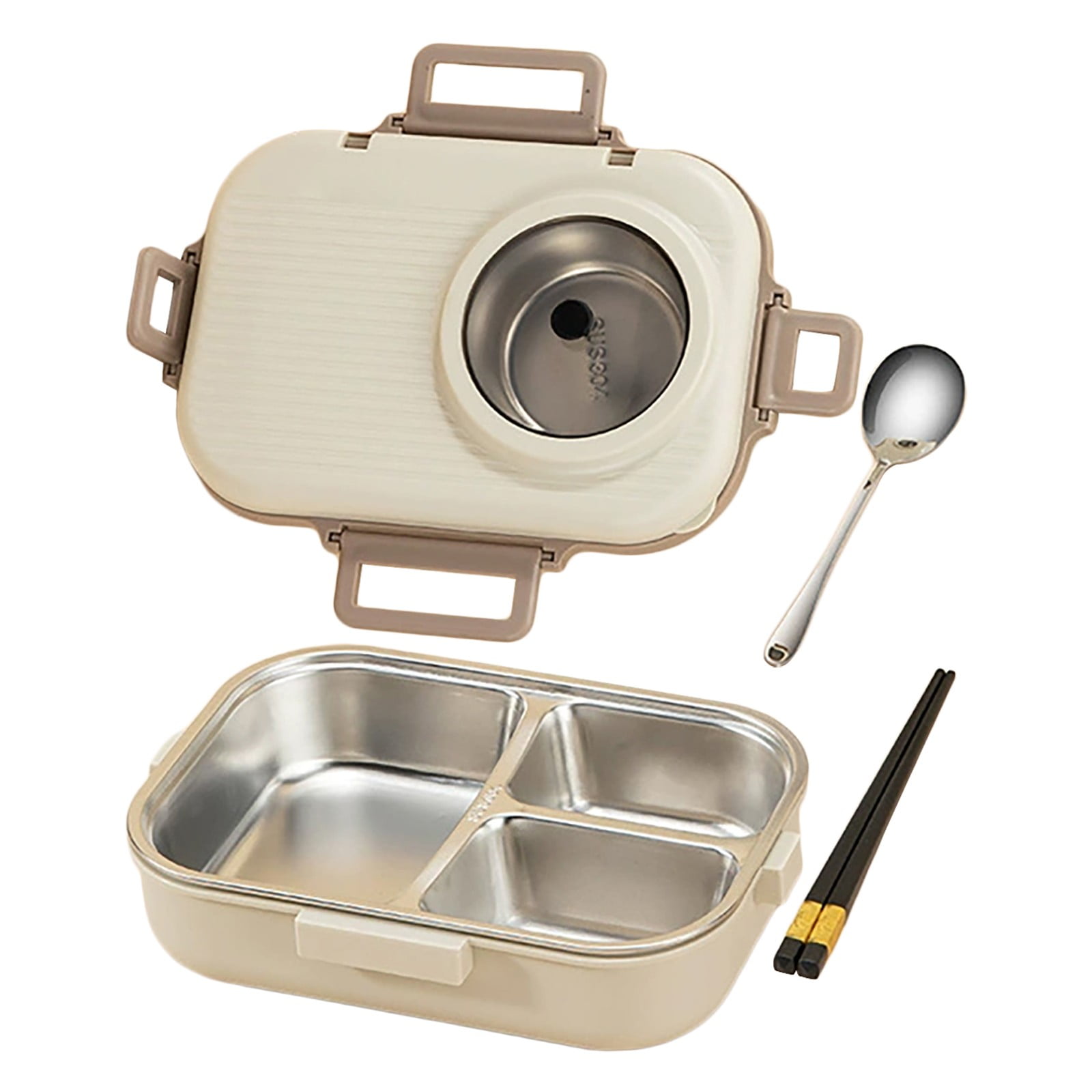 Lille Home Stainless Steel Leakproof 2-Compartment Bento Lunch Box/Portion Control Food Container with Lunch Bag and Cutlery Set, BPA Free (Beige)