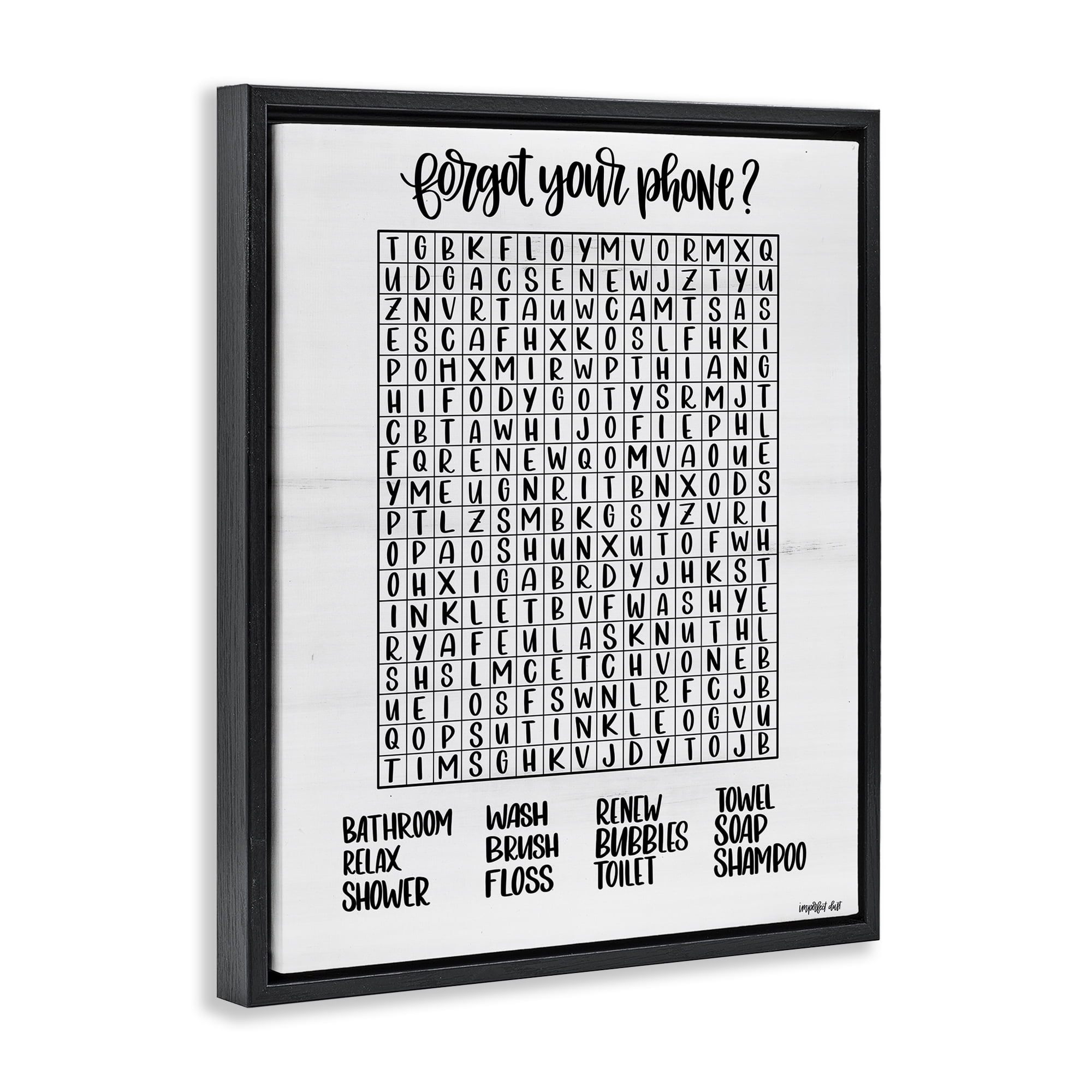 Stupell Industries Forgot Phone Bathroom Wordsearch Black Framed Floater Canvas Wall Art, design by Imperfect Dust