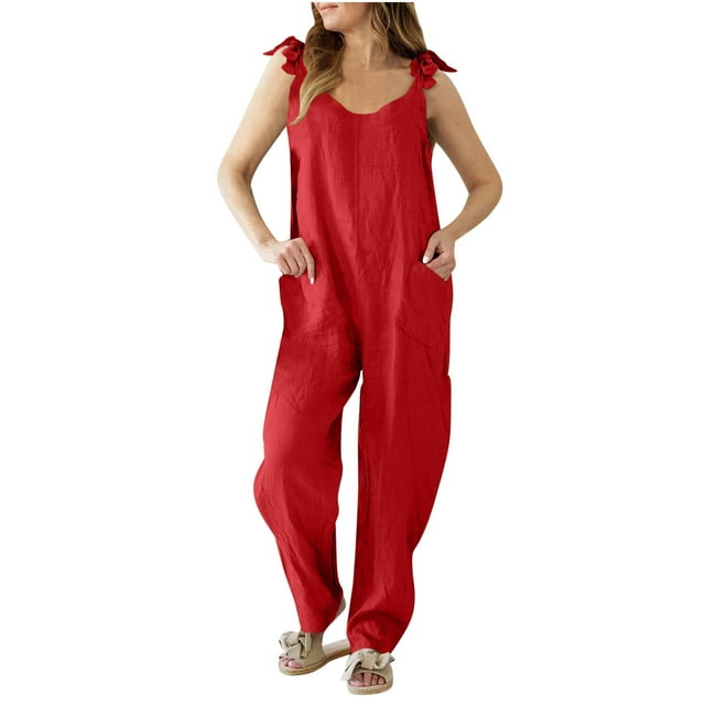 Combinaisons Décontractées en Lin pour Femmes, Pantalon à Jambe Grand, Combishort avec Poche, Combinaison une Pièce pour Femmes, Bretelles à Nouer, Salopette Sans Manches, Rouge, TTG