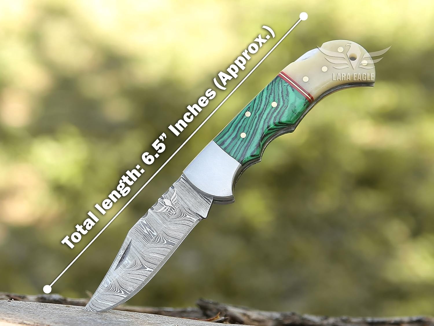 Lara Eagle Damascus Pocket Knife for Men - Multi Layer Solid Steel Handmade Folding Hunting Knives Turquoise & Camel Bone Handle with Sharpner and Leather Pouch