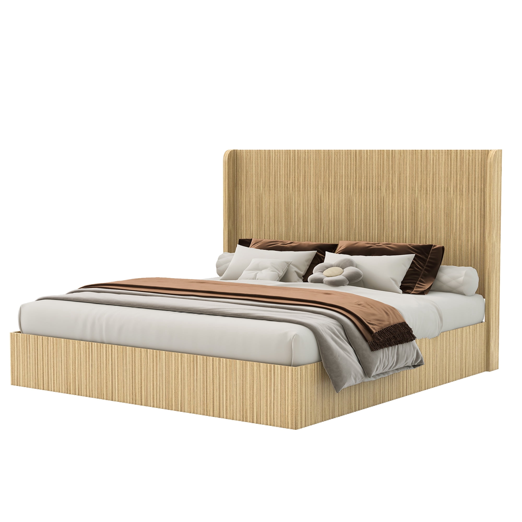 Mintazer King Size Vertical Fluted Platform Bed with Tall Wing Headboard, Low Profile Platform for Bedroom & Guest Room, No Box Spring Needed, Natural