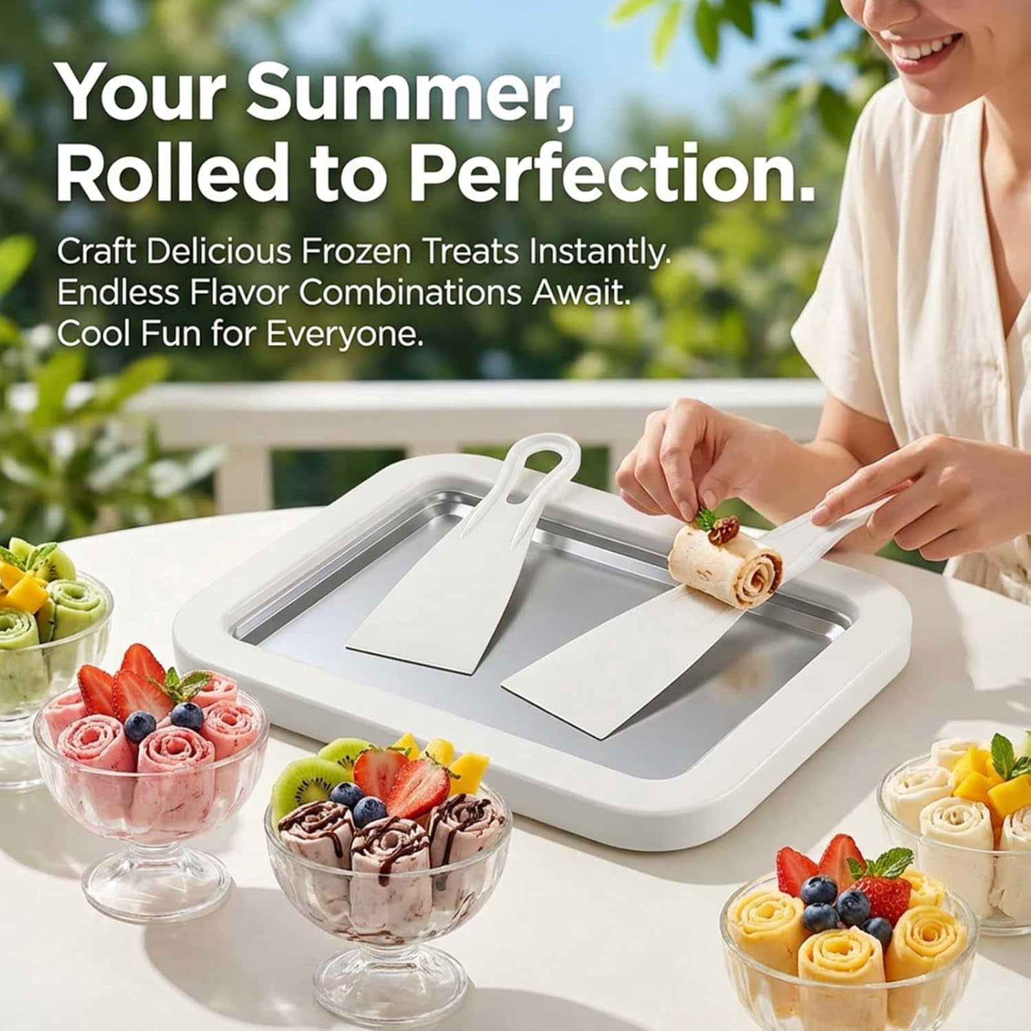 Rolled Ice Cream Maker Kit DIY Ice Cream Roll Tray with 2 Scrapers No Electricity Stainless Steel Freezing Plate for Frozen Yogurt Sorbet White