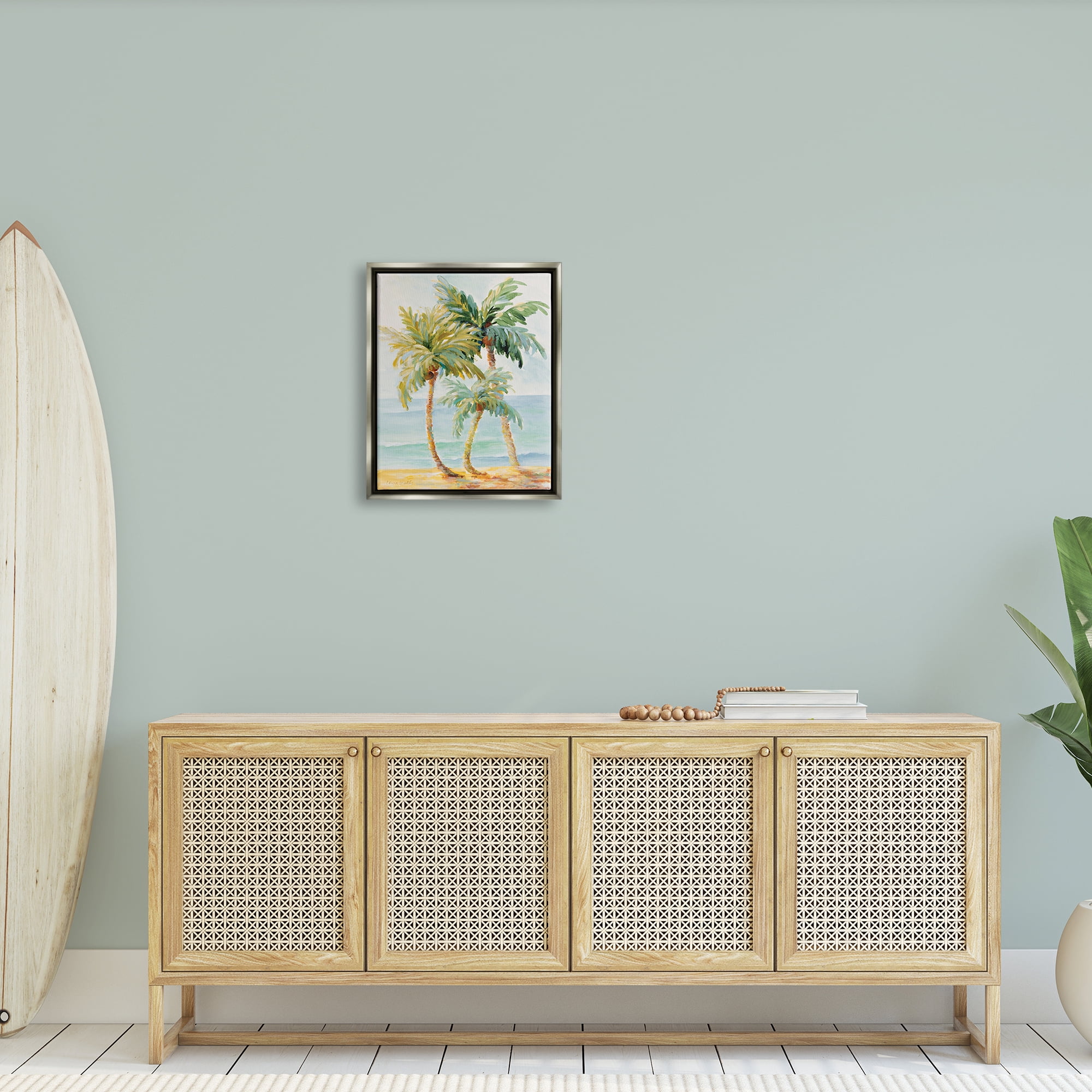 Stupell Industries Tropical Palm Trees on Coastal Beach Sand Luster Gray Framed Floating Canvas Wall Art, 16x20, by Lanie Loreth