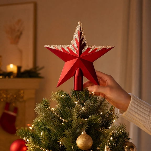 MInHoues Christmas Tree Topper Star, Glitter‑Accented 3D Star Tree Top Ornament, Festive Xmas Tree Decoration Star Topper for Holiday Home Party Decor