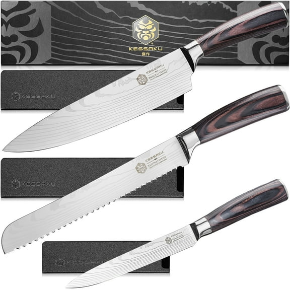 Kessaku 8-Inch Chef & 8-Inch Serrated Bread & 5.5-Inch Utility Knife Set - Samurai Series - Forged High Carbon 7Cr17MoV Stainless Steel - Pakkawood Handle with Blade Guards