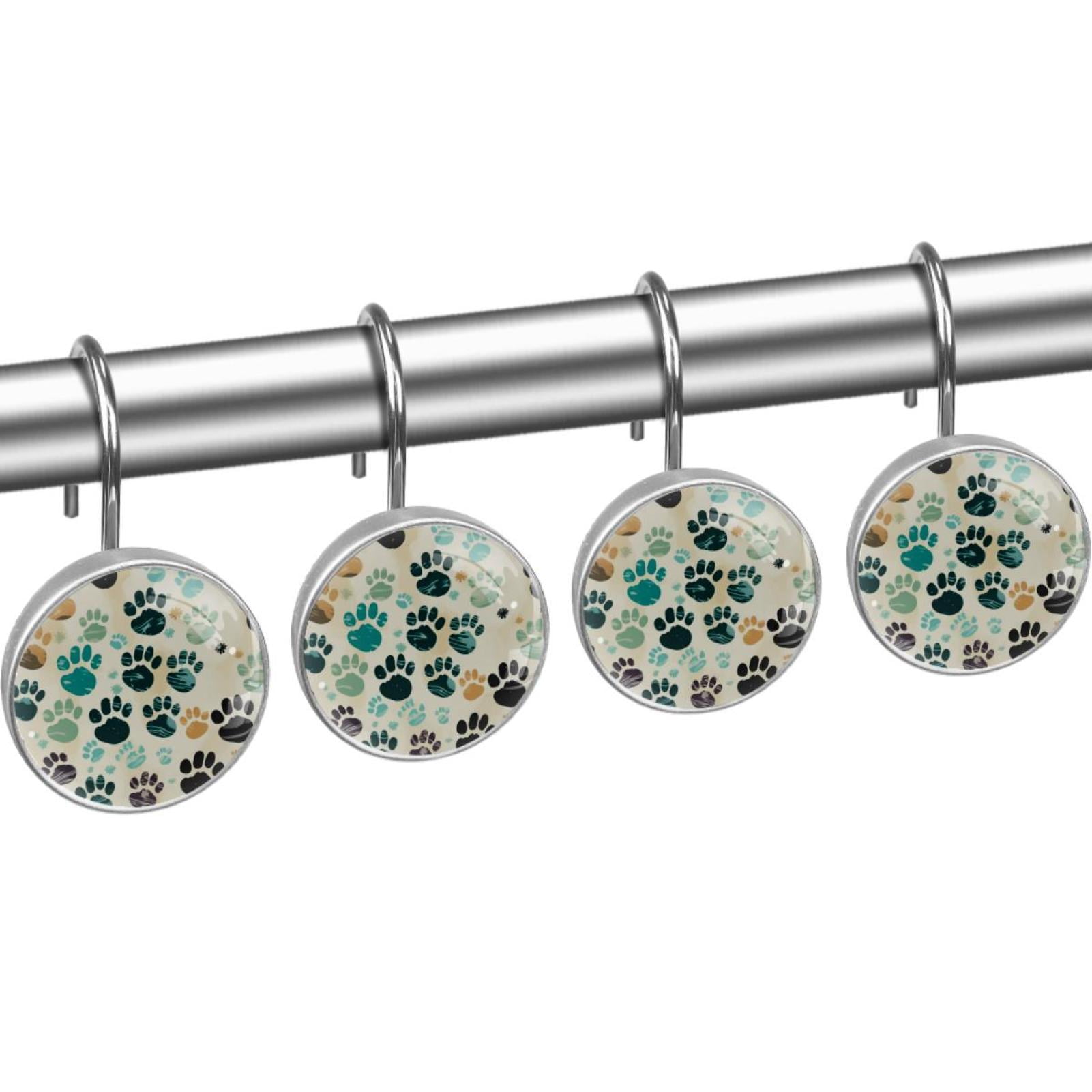 12 Pack Round Shower Curtain Hooks Crystal Glass Shower Rings Dog Paw Prints Curtain Hooks Home Decoration